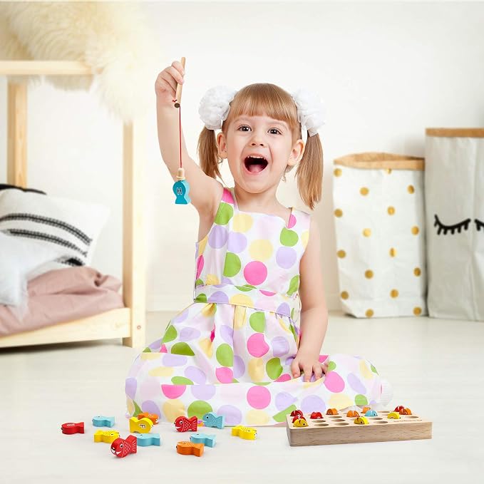 Coogam Wooden Magnetic Fishing Game, Fine Motor Skill Toy ABC Alphabet Color Sorting Puzzle, Montessori Letters Cognition Preschool Gift for Years Old Kid Early Learning with 2 Pole
