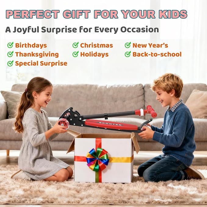 Kick Scooter for Kids Ages 6-12, Stable 3 Wheel Kids Scooter with LED Light-Up Wheels, 3 Adjustable Heights, Lean-to-Steer, Foldable, 6" Extra Wide Deck for Boys and Girls Gifts