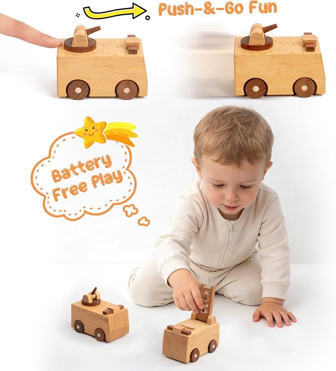 Wooden Toy Cars for 3 Year Old Boys & Girls - Construction Vehicles Set Push Toys for Toddlers, Wood Montessori Car with Rolling Wheels, Natural Wood Toys (Ladder Truck & Fire Truck)