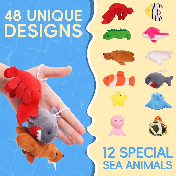 JoyRapt 48 Pack Small Sea Stuffed Animals Bulk Gifts for Kids (2.3/2"-2.5/3.5" Each), Birthday Party Favors Toys for Classroom Prizes, Goodie Bag Pinata Fillers, Carnival Treasure Box Toys (48PCS)