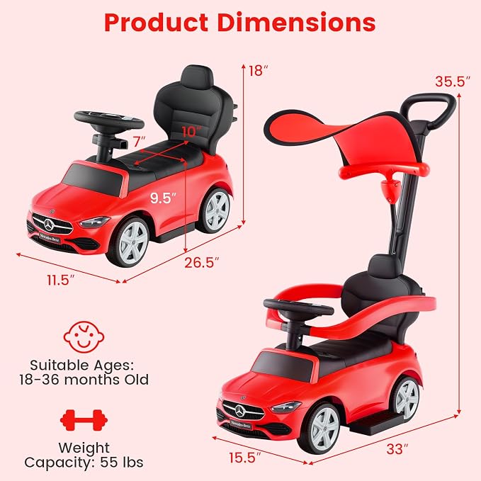 OLAKIDS Push Car for Toddlers, 3 in 1 Licensed Mercedes Benz Baby Sliding Walking with Parent Control Handle Adjustable Canopy Guardrail Under Seat Storage, Kids Ride on Toys with Horn (Red)