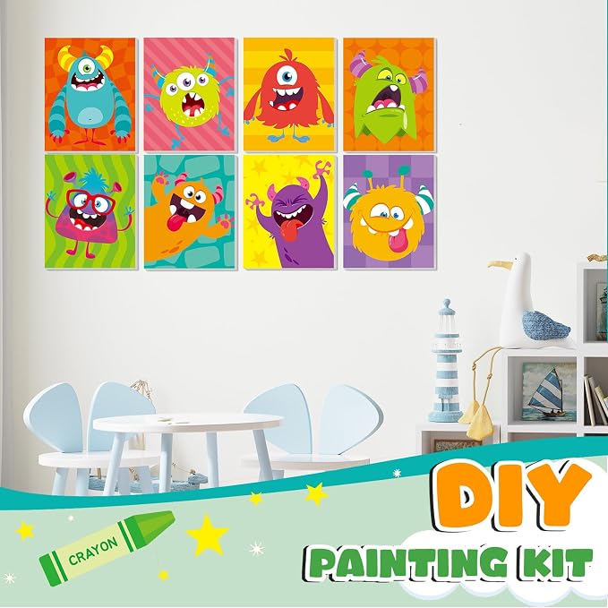 Ireer 12 Set Paint Party Set 8 x 10 Sip and Paint Kit Include 12 Printed Pre Drawn Canvas Panel, Wooden Easels, Palettes, Pots, Apron 36 Brushes for Adult Art DIY Party(Monsters)