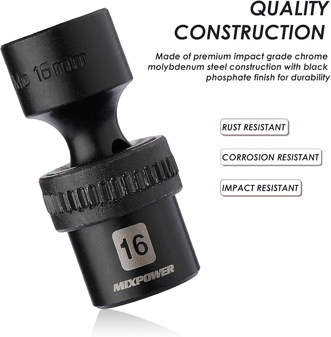 MIXPOWER 10-piece 3/8" Drive Shallow Universal Impact Socket Set, Metric,10-19mm, Swivel Socket with Flexible Wobble, CR-MO