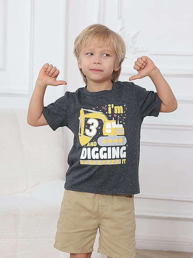 Lovekider 2-5 Years Birthday Boy Shirt Construction Party T-Shirts Excavator Cotton Short Sleeve Tee Dark Grey
