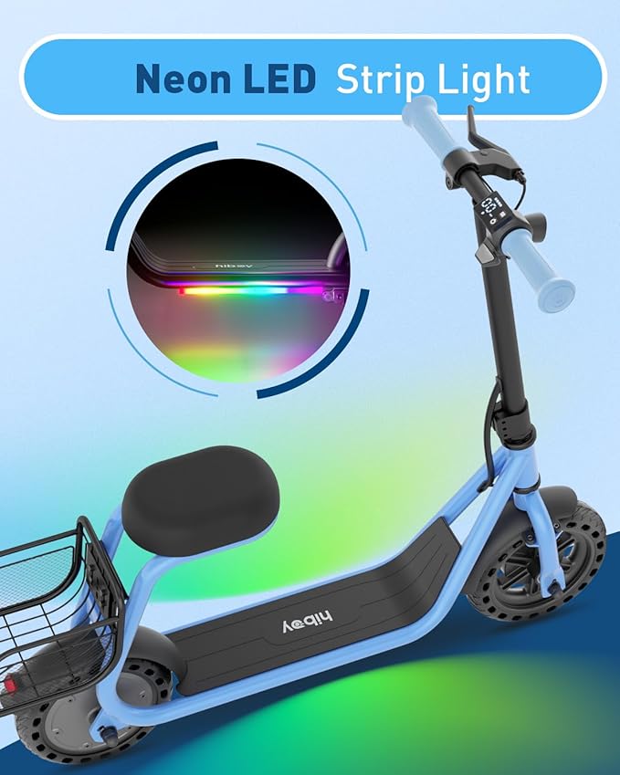 Hiboy Q2 Lite Electric Scooter for Kids with Seat for Ages 4-10, 5-Mile Range, 3-Speed Adjustable up to 9.3 MPH, Front Brake, LED Neon Lights