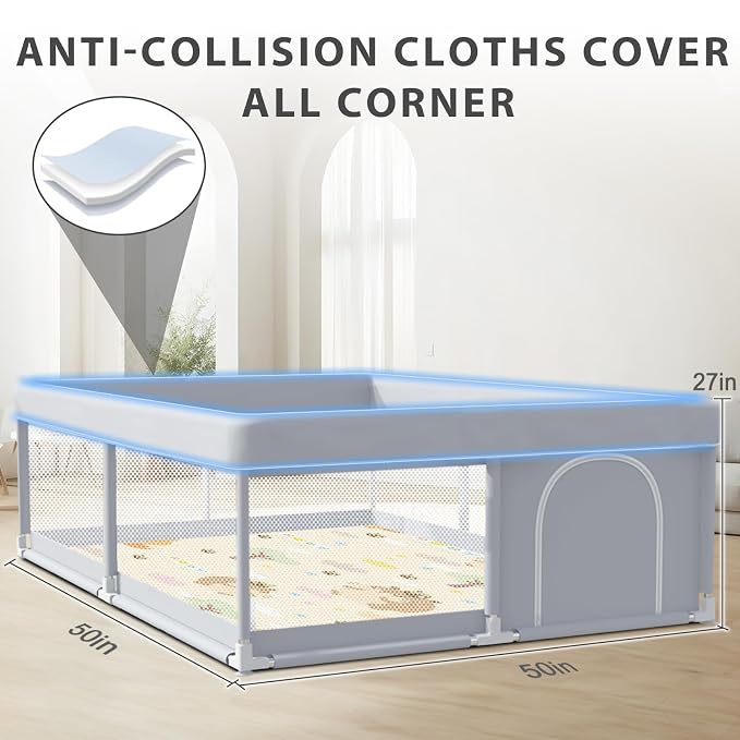 XVISHX Baby Playpen with Mat, 50 x 50 Inch Play Pen Playards, Playpen for Babies and Toddlers, Baby Playard for Indoor & Outdoor Active Center Game Fence, Skin-Friendly Fabric and Soft Breathable Mesh