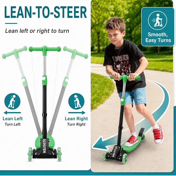 Kids Kick Scooter for 3-12,Lean-to-Steer 3 Wheel Scooter for Beginners with Light-Up Wheels,3 Adjustable Handlebar 27.5"–33",6-Inch Wide Deck,Rear Foot Brake,Foldable Scooter for Boys & Girls