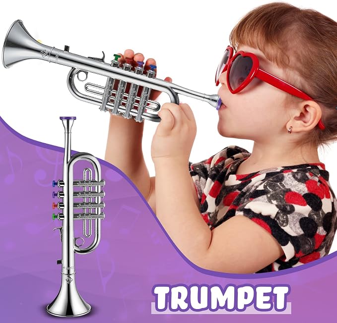 3 Pcs Kids Instruments Musical Toy Saxophone Trumpet Clarinet with 8 Color Coded Keys Educational Teaching Songs Gifts for Boys Girls Children Toddler Beginner Birthday Concert Party(Silver)