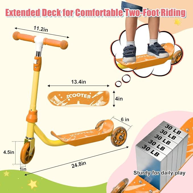 Kick Scooter for Kids Ages 3-7, Three Wheel Toddler Scooter with Handlebar Steering(No Lean),Height Adjustable, Light Up Rear Wheels, Indoor Outdoor Toy for Girls Boys, Holiday Birthday Gift