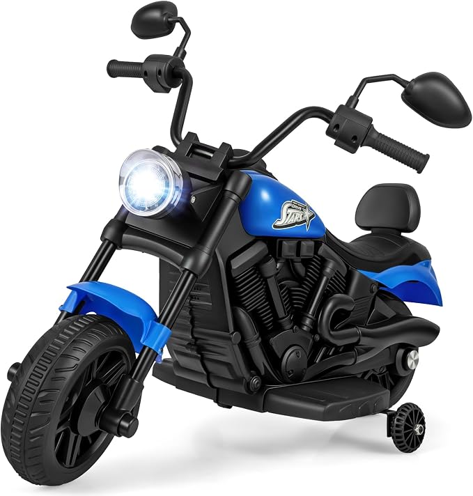 Costzon Kids Motorcycle, 6V Chopper Motorbike Ride on Toy with Headlight, Music, Training Wheels, Electric Toddler Motorcycle for Kids Boys Girls, Gift (Blue, 31" x 23" x 22"(L x W x H))