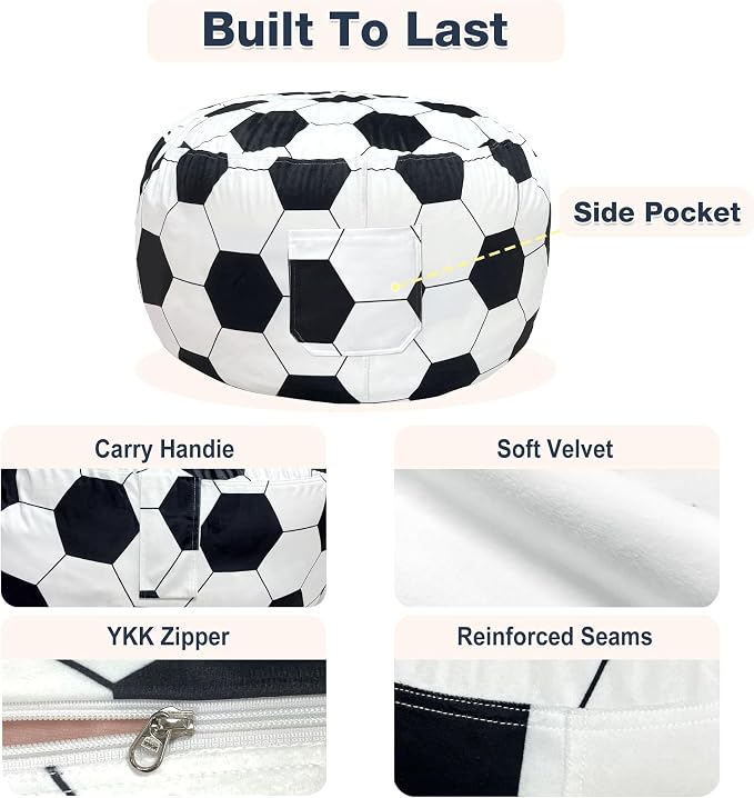 Lukeight Soccer Stuffed Animals Storage Bean Bag Chair Cover for Kids, Cozy Velvet Plush Toy Organizer Seat, Cover Only, No Filling Included, Long YKK Zipper, Side Pocket, X-Large 30 x 18 in
