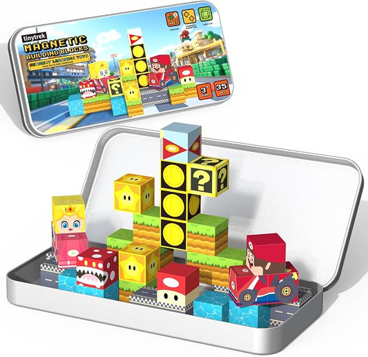 35 PCS Mini Magnetic Tiles Travel Set with Portable Iron Storage Box, STEM Educational Magnetic Building Blocks for Kids Ages 3-8, Montessori Sensory Toys Gifts for Toddler, Boys & Girls