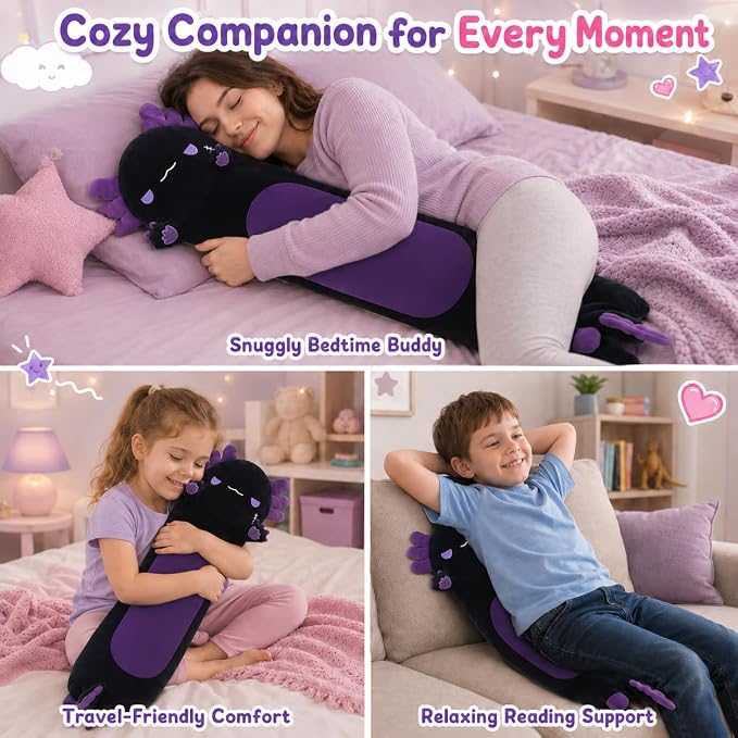 Long Axolotl Stuffed Animals 27.6 Inch, Soft Axolotl Plush Pillow Cute Body Pillow Gifts for Kids Girlfriend, Black&Purple