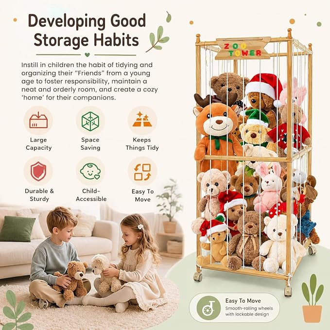 Large Stuffed Animal Storage with Wheels, 66IN Wood Plush Toy Storage 550L, Kids Plushies Storage with Thicker Elastic Band, Stuffed Animal Organizer for Playroom, Bedroom, Nursery