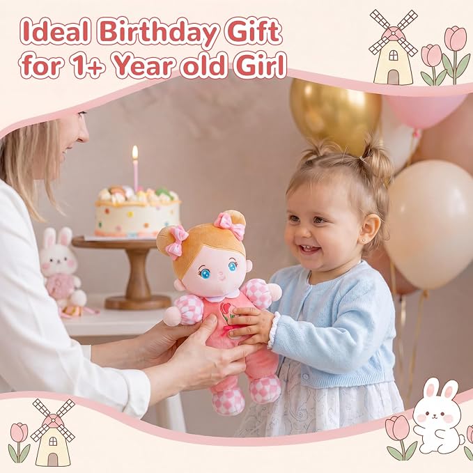 OUOZZZ Soft Baby Doll 10" Tulip Pink - First Birthday Toys for 1 Year Old Girl, Ideal 1 Year Old Girl Gifts & Baby Girl Gifts, Snuggle Buddy for Infants