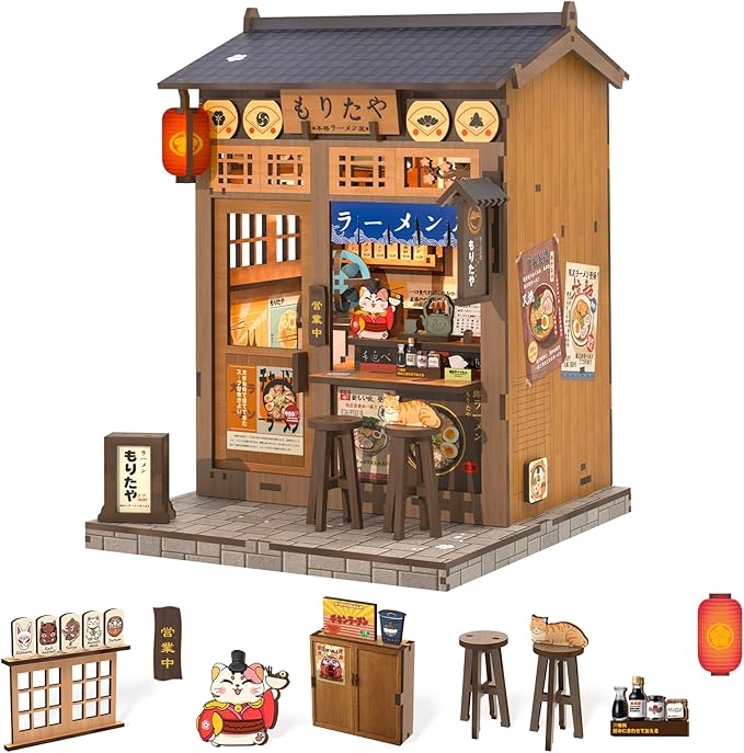 Fsolis Japanese Book Nook Kit - DIY Miniature House Kit (Morita-Ya Ramen) | 3D Wooden Puzzles for Adults Booknook Japan Noodle Shop Bookshelf Diorama Gifts for Women