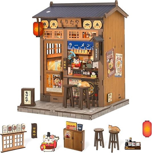 Fsolis Japanese Book Nook Kit - DIY Miniature House Kit (Morita-Ya Ramen) | 3D Wooden Puzzles for Adults Booknook Japan Noodle Shop Bookshelf Diorama Gifts for Women