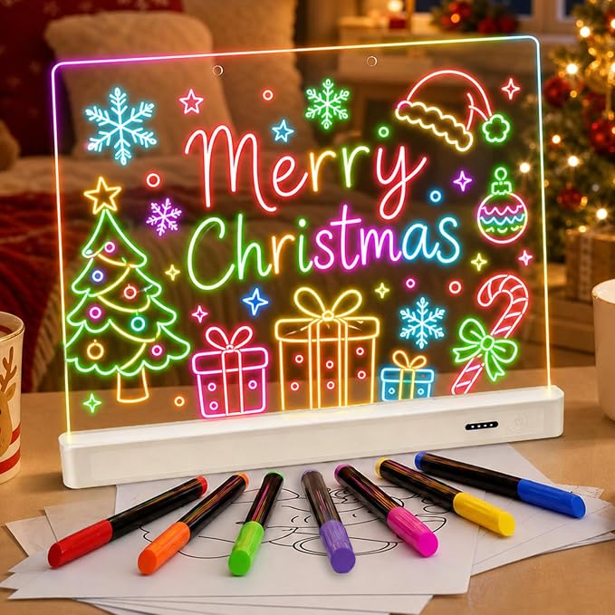 Rechargeable 16" Led Drawing Board for Kids Doodle Glow LED Note Board 7 Colors, 4 Modes, 7 Marks Light Up Pad Art Kit Kids Toy, Birthday Gift for Boys, Girls, Teens (White)
