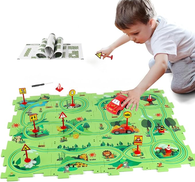 Puzzle Track Car Play Set, Plastic Puzzles for Kids with Vehicles, Railcar Puzzle, Car Tracks for Toddlers, Toys Gifts for 3 4 5 6 Year Old Boys, Toddler Boy Toys 3-4