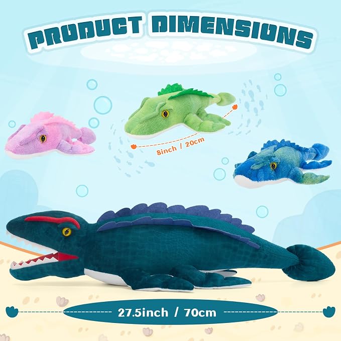 Blue Dinosaur Stuffed Animal,Giant Dinosaur Plush Toy,Mommy Mosasaur with Babies & Egg, Soft Mosasaurus Plushie,Realistic Dino Stuffy,Gifts for Kids Boys Girls Easter Christmas Birthday