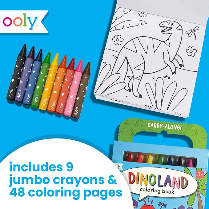 Ooly Kids Travel Activity Kit – 9 Jumbo Crayons & 48 Coloring Pages, Car Crafts for Kids, Mess-Free Road Trip Art Set, Airplane Activities – Dinoland