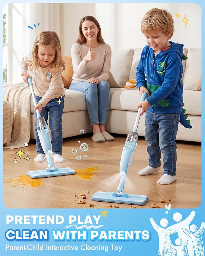 Kids Spray Mop, Blue Toddler Cleaning Set with Refillable Water Spray Tank, Lightweight Pretend Play Mop Toy for Boys Girls, Montessori Housekeeping Toy Gift