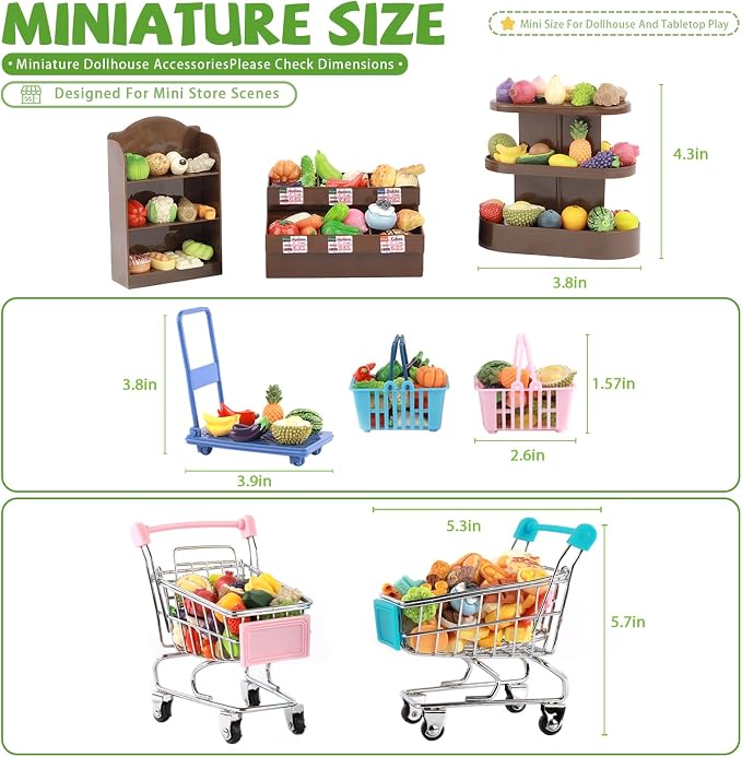 Mini Shopping Cart Basket, Miniature Grocery Toys 3 Supermarket Shelves Play Store 100+ Fruit Vegetable Cake Bread Mini Food Miniature Dollhouse Accessories with Push Cart