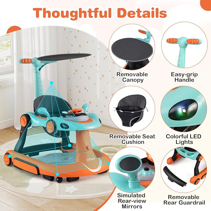 BABY JOY 7-in-1 Baby Walker, Foldable Baby Walker and Bouncer Combo with Handle, Adjustable Height & Speed, Music, Lights, Rocker/Push Mode, Baby Walker with Wheels for Boys Girls 7-18 Months (Orange)