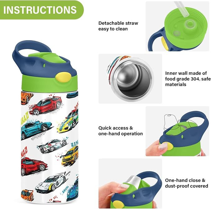 Boccsty Bright Race Car Truck Kids Water Bottle with Straw Lid Sport Cars Insulated Stainless Steel Reusable Tumbler for Boys Girls Toddlers 12 oz Green