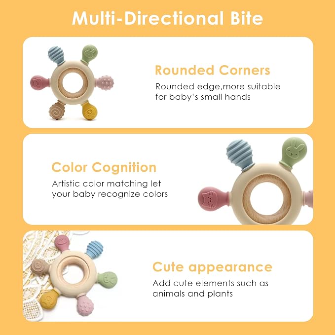 [BabyBite] Teethers Silicone and Beechwood Animal Teether for Sensory and Developmental Play for Baby and Toddler 100% BPA Free Food Grade Silicone, Beige