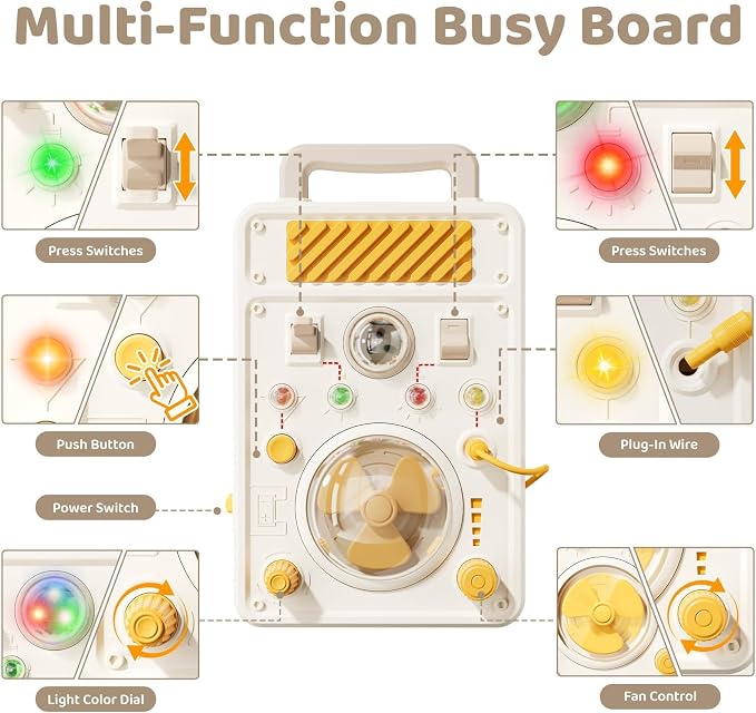 SOCBTNSO Montessori Toys for 1 Year Old Boys Girls - Toddler Busy Board with Handle, Electronic Light Switch Toy and Adjustable Speed Fan for Fine Motor Skills, Travel Toys for Toddlers 1-3