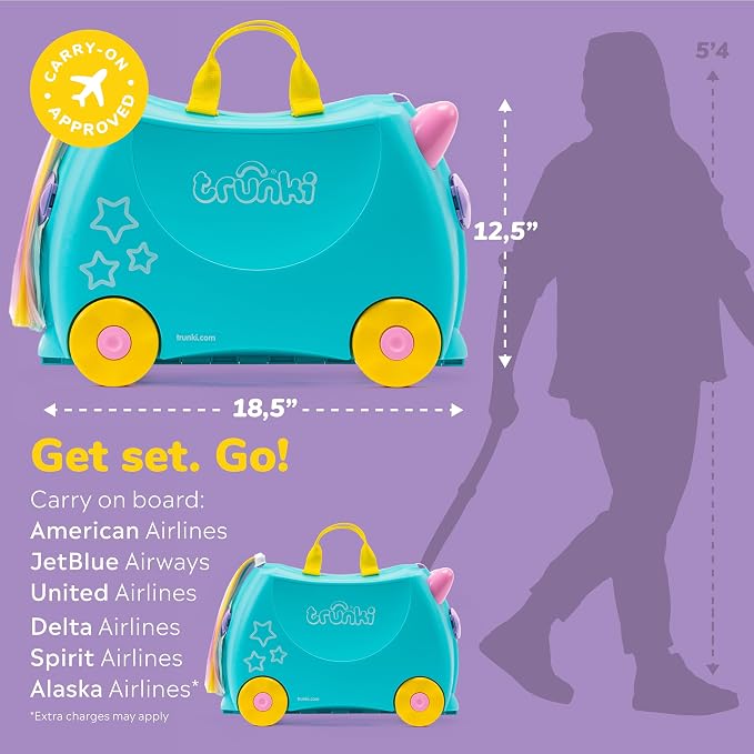 Trunki Ride-On Kids Suitcase | Tow-Along Toddler Luggage | Carry-On Cute Bag with Wheels | Kids Luggage and Airplane Travel Essentials: Una Unicorn Turquoise