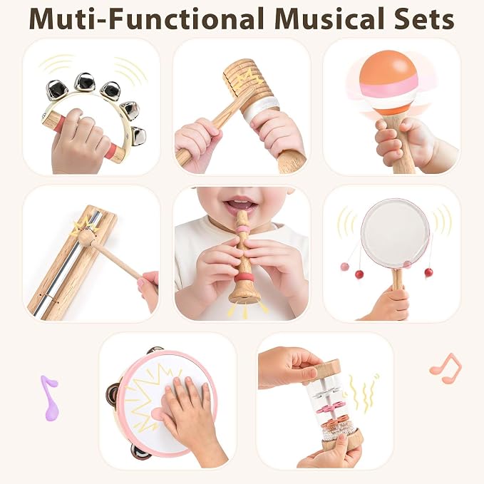 Musical Toys for 2 3 Year Old Girl Birthday Gifts, Wooden Montessori Toys for 2 Year Old, 8 in 1 Musical Instruments for Toddlers with Drum/Hand Bells/Flute/Maracas, Preschool Toys for Baby 18+ Months