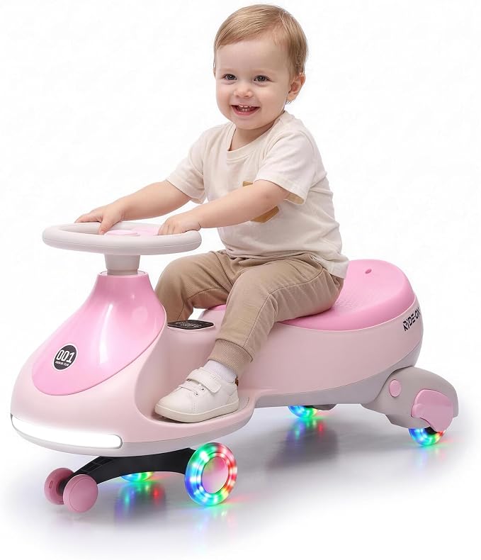 Garvee 12V Electric Wiggle Car for Kids, 2 in 1 Swing Car with Pedal, Anti-Rollover,Max Load 130Lbs,Flashing Wheels, Music,Rechargeable Battery Ride on Toy Indoor Outdoor for Toddlers, Light-Pink
