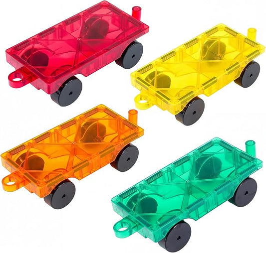 Magnetic Tiles Car Building Kit for Toddlers, 4 PCS Magnet Construction Trucks, STEM Toys for 3-8 Year Old Boys Girls, Educational Vehicle Engineering Set