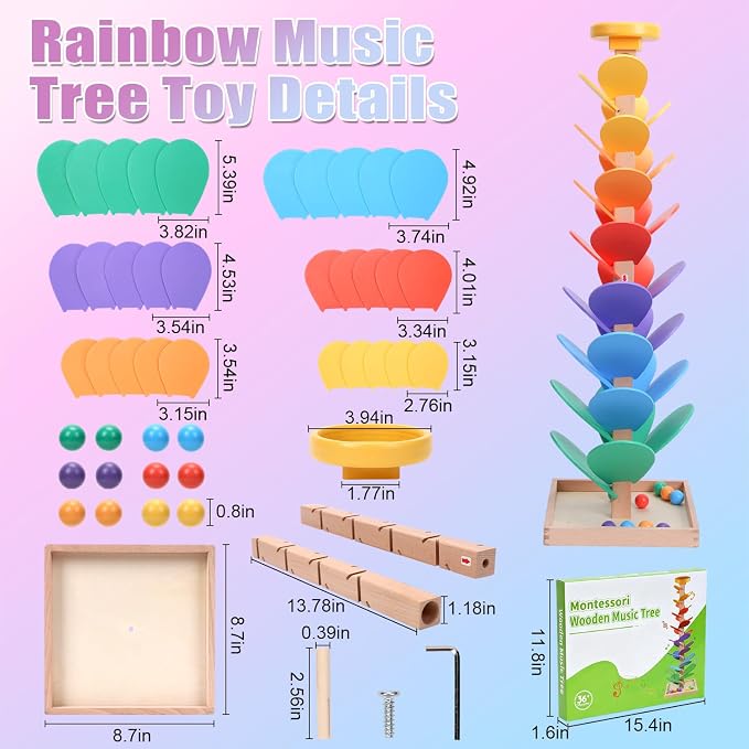 Wooden Rainbow Marble Run Tree, 30pcs Vertical Marble Run Construction Game,Creative Color Sorting Ball Drop Musical Toy,Montessori Learning Stem Gift for Kids Age 3,4,5,6,7,8+