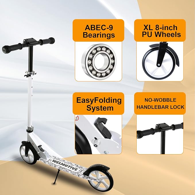 Kick Scooter for Kids Ages 6+, Teens & Adults, Adjustable Handlebars, Rear Brake, Big Wheel Foldable Scooter for Indoor & Outdoor
