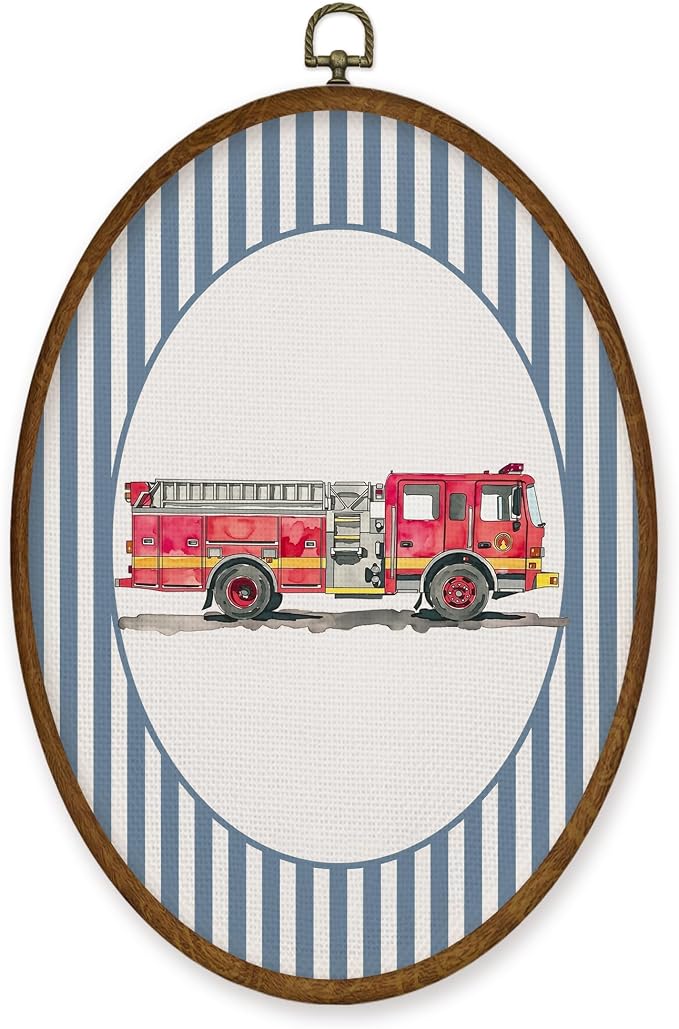 WULQYING Boy Nursery Fire Truck Car Wall Art Decor, Kids Room Oval Framed Canvas Art Prints, Blue Striped Fire Engine Wall Hanging Decor for Kids Boys Toddler Room Bedroom Playroom, 8.6x11.4 Inches