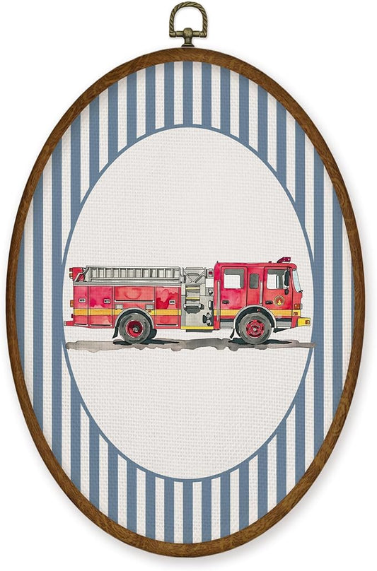 WULQYING Boy Nursery Fire Truck Car Wall Art Decor, Kids Room Oval Framed Canvas Art Prints, Blue Striped Fire Engine Wall Hanging Decor for Kids Boys Toddler Room Bedroom Playroom, 8.6x11.4 Inches