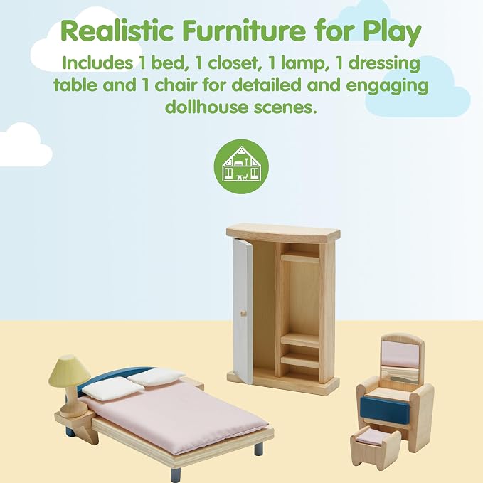 PlanToys® Wooden Bedroom Dollhouse Furniture Set in Orchard Shade for Kids | Montessori Small World and Home Routine Play | Eco Friendly Wooden Dollhouse Bedroom Set for Imaginative Play