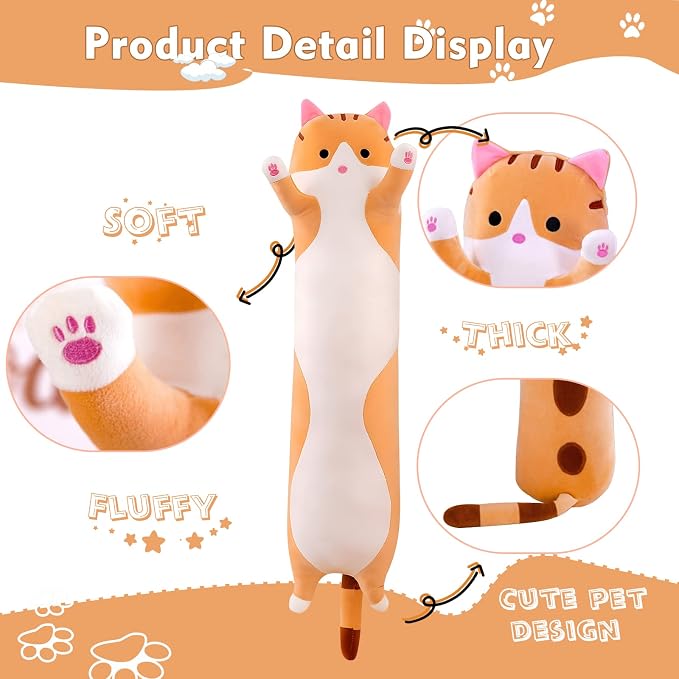 Long Cat Plush Pillow, 35.4in Cute Cat Plushie Stuffed Animals Body Pillow, Yellow Kawaii Kitten Soft Plushie Doll Toy Birthday Gift for Children Girlfriend