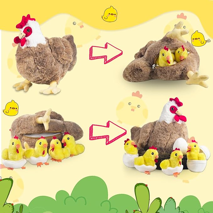 Youthfuljive 9 in 1 Chicken Stuffed Animal Set, Stuffed Chicken Plush Toy Egg Laying Hen with Zipper and Baby Chicks Plush Chickens Eggs and Coop Chicken Toys for Kids Girls Boys Birthday