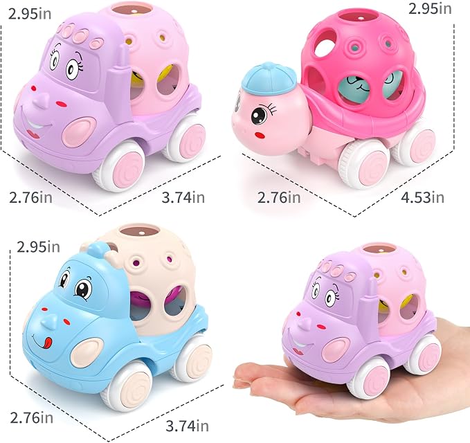BeAndge Baby Girl Toys Gifts for 1 2 Year Old Girls, Pink Cars for Babies 6-12 12-18 Months, Push and Go Trucks for Toddlers, Soft Rattle Toys for One 1+ Infants First Birthday Easter Gifts