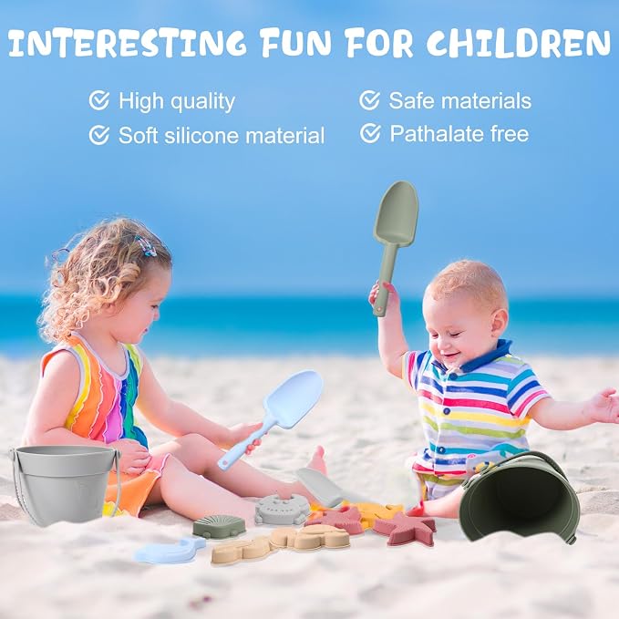 Hungdao 13 Pcs Silicone Beach Toys Travel Beach Set Sand Toys Including 3 Silicone Buckets 3 Shovels 6 Sea Creature Sand Molds 1 Bag for Kids Boys Girls Summer Pool Outdoor Bath(Green Gray Blue)