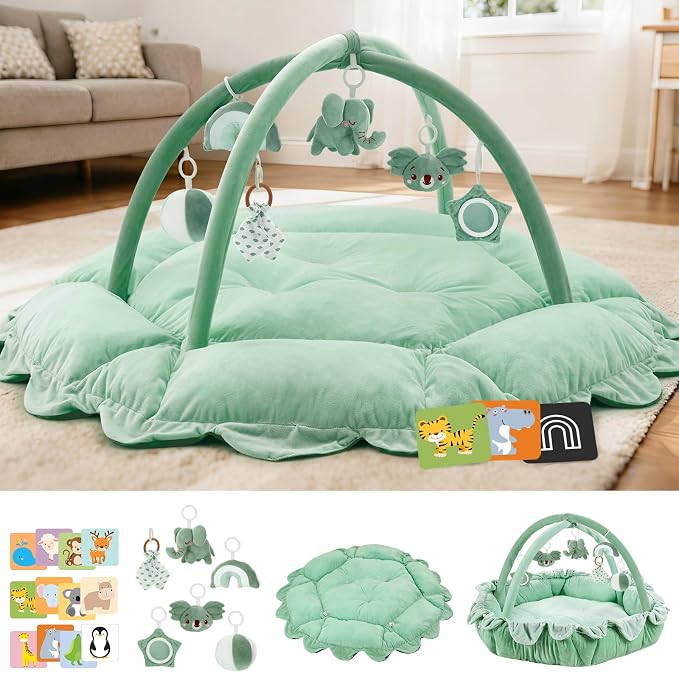 5-in-1 Baby Activity Gym & Play Mat with 6 Hanging Toys, Tummy Time Mat & Cards - Extra Large, Reversible Machine Washable Pad - Gift for Newborns, Infants 0-12 Months, Sage Green