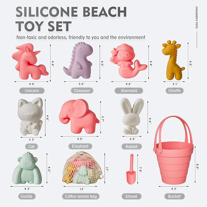 MarcZero 11Pcs Silicone Beach Toys,Collapsible Sand Bucket,Modern Baby Beach Toys,Travel Friendly Beach Set,Silicone Bucket,Shovel,Sand Molds,Beach Bag,Silicone Sand Toys for Toddlers,Kids(Peach Pink)
