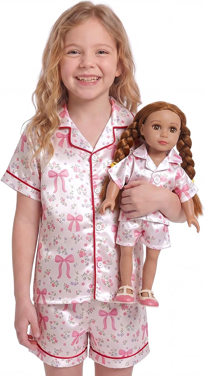 FIOBEE Girls Satin Pajamas Doll Matching Clothes, Stain Button Down Pjs Set Fits 18 Inch Dolls Soft Silky Toddler Kids Sleepwear White Floral