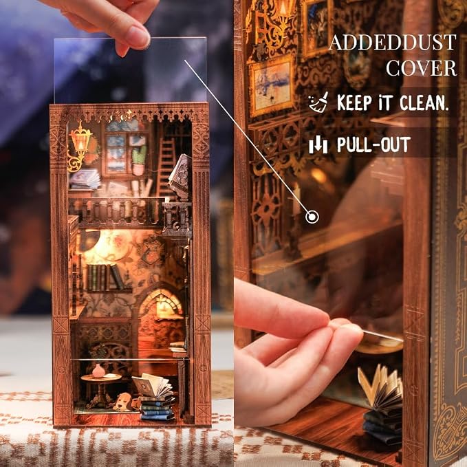 Fsolis Book Nook Kit, 3D Wooden Puzzles for Adults (Eternal Bookstore) | DIY Miniature House Kit, 172 Wood Pieces, Booknook Bookshop Bookshelf Insert and Bookends, Gifts for Women Book Lovers