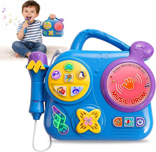 Kids Karaoke Machine with Microphone: Toddler Music Player & Light-Up Drum - Sound Toy with Handle for Boys Girls 3+, Blue