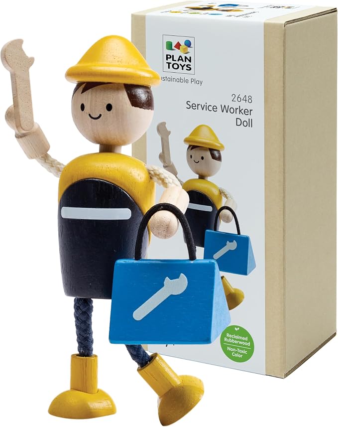 PlanToys® Wooden Service Worker Doll | Poseable 1:12 Scale Character Figure with Toolbox for Dollhouse Play, Repair Scenarios & Social Interaction | Eco Friendly Montessori Pretend Play Figure